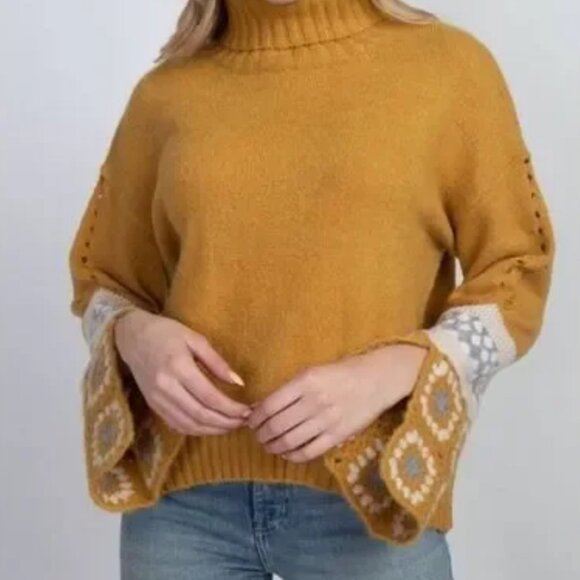 En Creme Sweaters - En Crème Gold Crochet Sleeve Turtleneck Sweater - S/M